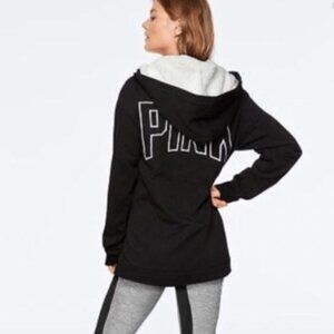 VS Pink Sherpa Hood Lace-Up Campus Pullover in Black XS